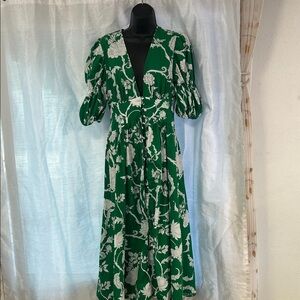 SHEIN Green and White Floral Midi Dress